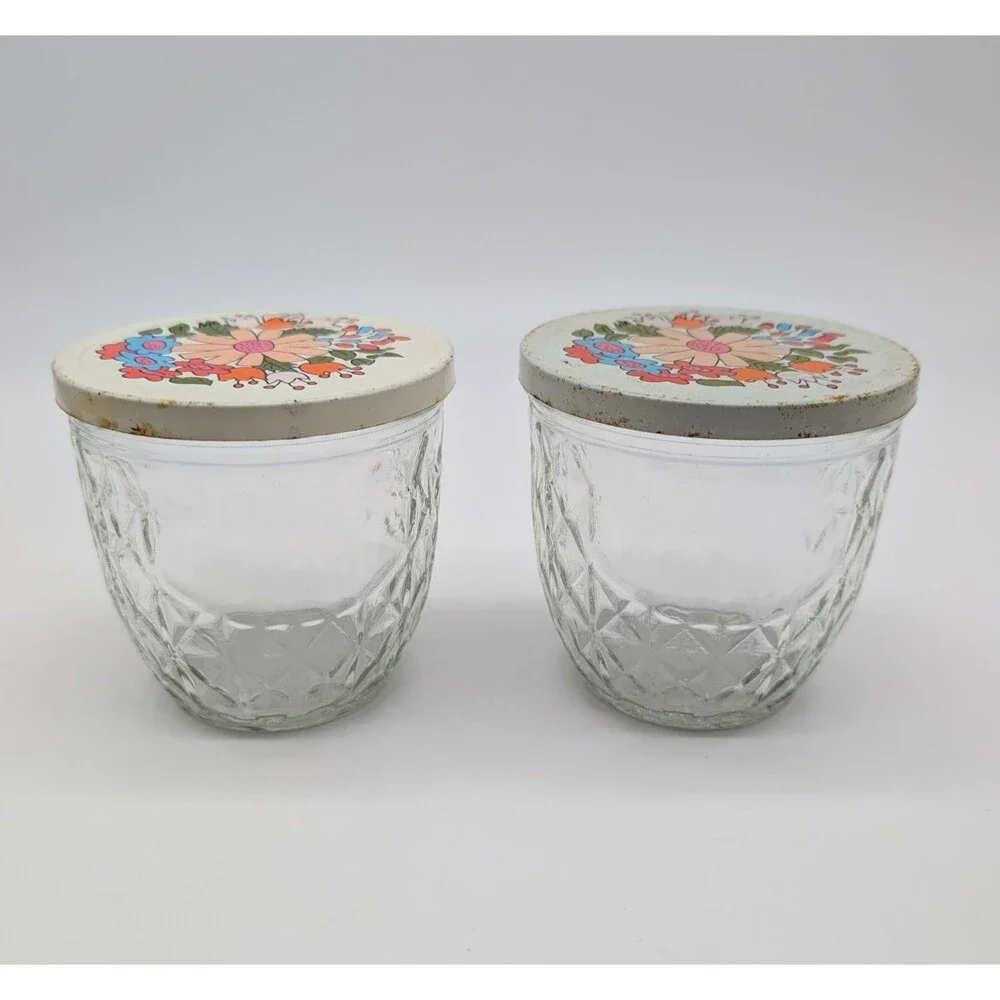 2 BALL Quilted Crystal Glass Jars W/Tin Snap-On Lid Off-white Flower MOD Retro